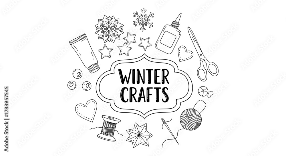 Fototapeta premium Winter crafts line art: creative diy holiday activities with snowflakes and stars