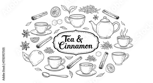Hand drawn tea and cinnamon design with teapot, cups, and spices