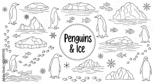 Penguins and ice: hand-drawn winter scene with penguins, icebergs, and fish