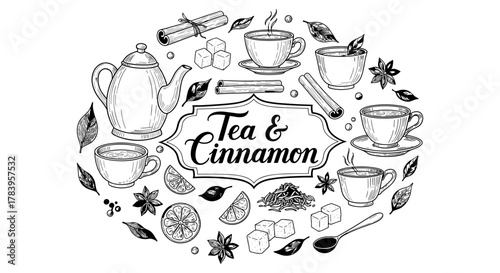 Elegant black and white tea and cinnamon design with teapot, cups, and spices