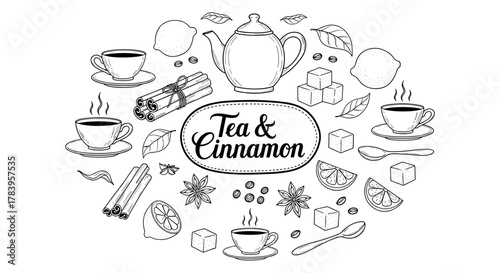 Elegant tea and cinnamon elements in hand drawn black and white style