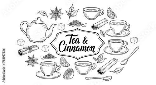 Elegant tea and cinnamon design with teapots and herbs in vintage style