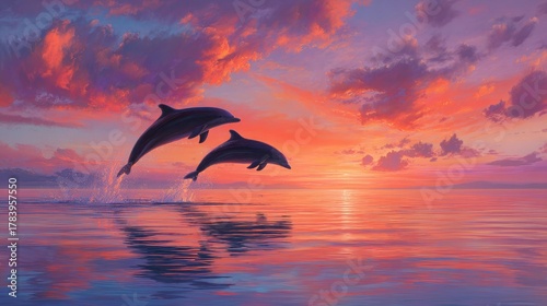 Two dolphins leap above tranquil waters at sunset, with vibrant orange and purple clouds reflecting in the serene ocean, creating a mesmerizing view