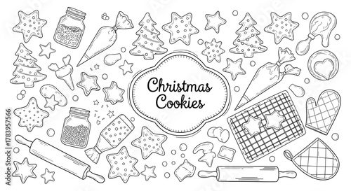 Festive christmas cookie designs with baking utensils in black and white doodle art style