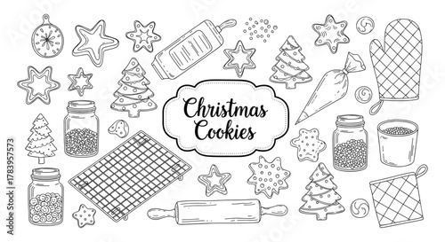Hand-drawn christmas cookie baking set with holiday decorations and utensils