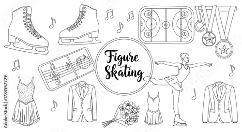 Elegant figure skating outline with dresses, skates, and medals