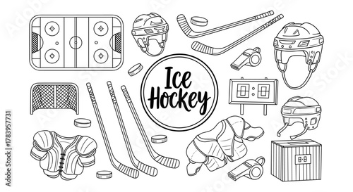 Ice hockey equipment and rink in black and white linear design