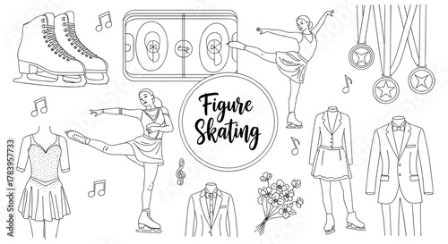 Line art ice skating elements: skates, medals, costumes, and athletes