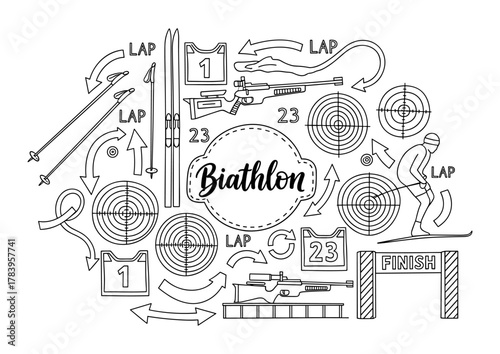 Linear winter biathlon elements with skis, rifles, targets, and athlete in action