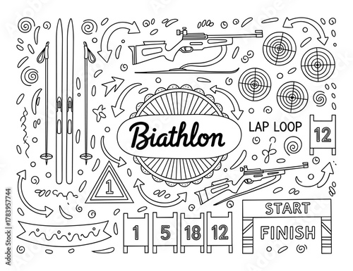Biathlon doodle art: winter sports and shooting elements in black and white