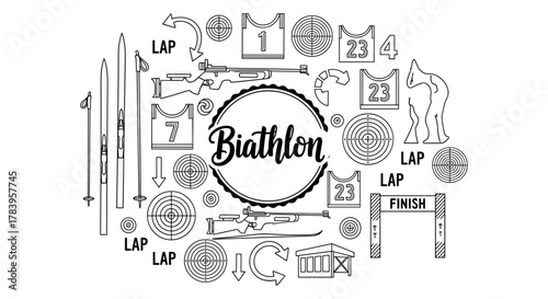 Biathlon outline design with rifles, targets, and ski elements