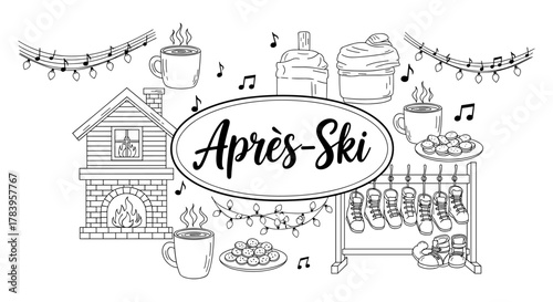 Cozy après-ski moments with fireplace, hot drinks, and music in black and white line art