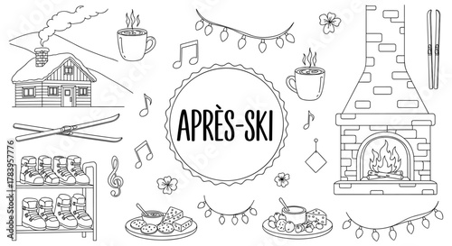 Après-ski line art collection with chalet fireplace and winter elements