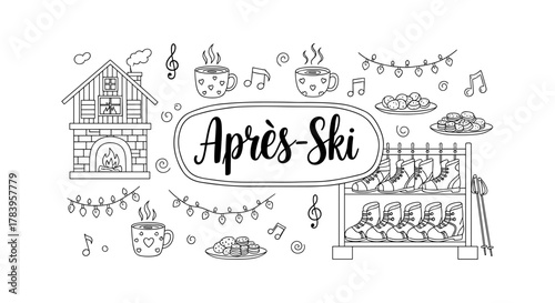 Cozy après-ski doodle: winter chalet, hot drinks, and skis