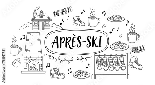 Après-ski winter scene with cozy fireplace, music notes, and hot drinks