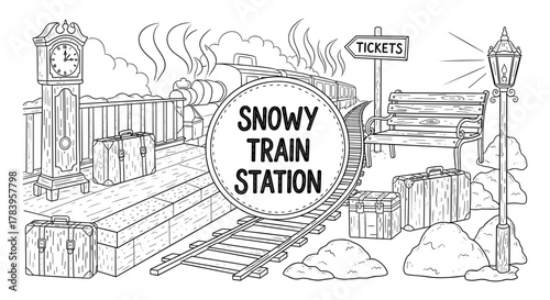 Winter train station with steam train and luggage in black and white outline style