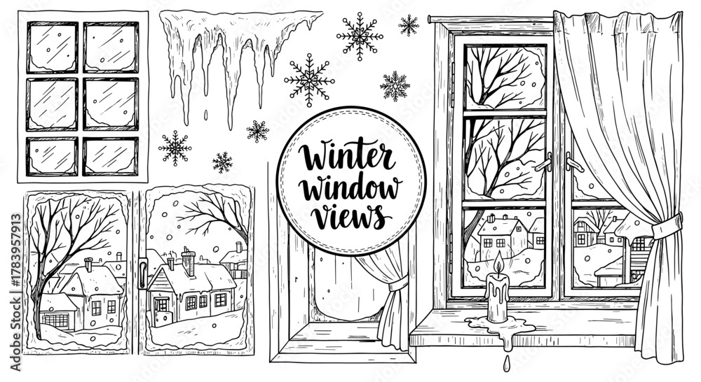 Fototapeta premium Cozy winter window views with snowy village and icicles in hand drawn style