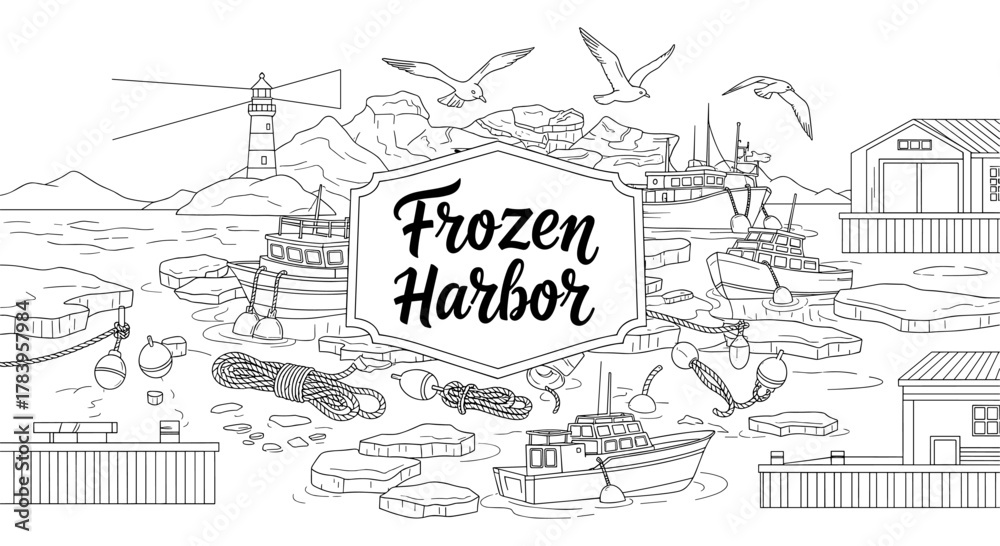 Obraz premium Frozen harbor scene with lighthouse, boats, and seagulls in black and white linear art