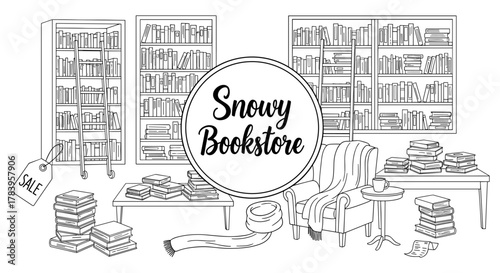 Cozy winter bookstore with bookshelves and reading chair in line art