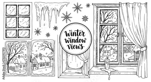 Cozy winter window views with snowy village and icicles in hand drawn style