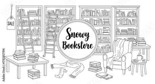 Cozy winter reading corner with bookshelves and snowy decor in black and white line art