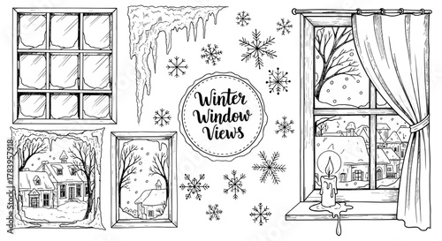 Charming winter scenes through windows: snowflakes, icicles, and candlelit views