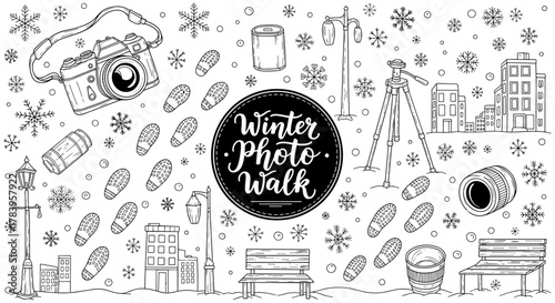 Winter photo walk design featuring cameras and scenic elements in linear style