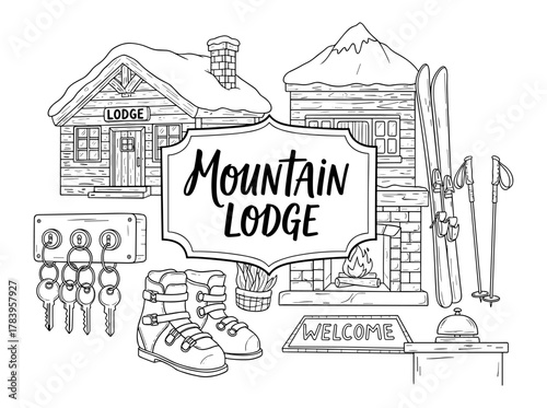 Rustic mountain lodge elements in hand drawn style with winter sports gear and cozy fireplace