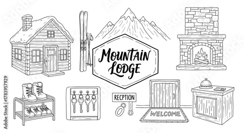 Rustic mountain lodge essentials: cozy cabin, gear, and welcome signs in vintage hand-drawn style
