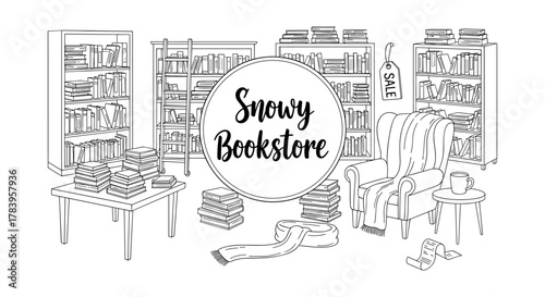 Cozy bookstore with snowy ambiance and relaxing reading nook