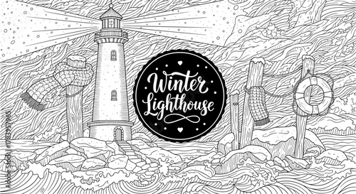 Intricate lighthouse in winter scene with waves and snowflakes in line art style