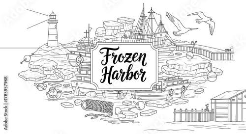 Frozen harbor: coastal scene with ships and lighthouse in line art