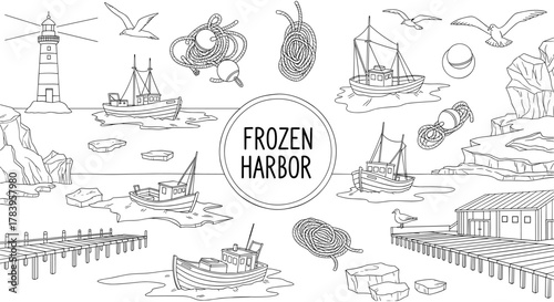 Frozen harbor scene with boats and lighthouse in detailed line art style