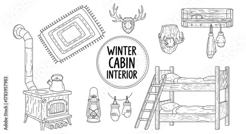Cozy winter cabin interior elements with rustic decor and wood stove