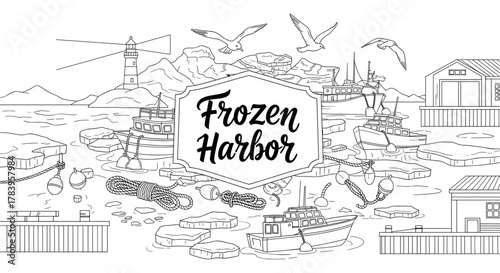 Frozen harbor scene with lighthouse, boats, and seagulls in black and white linear art