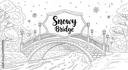 Snowy bridge coloring page for winter relaxation and creativity