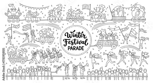 Winter festival parade with floats and performers in doodle art style