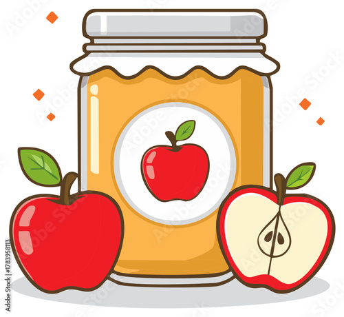 Charming cartoon illustration of a glass jar of apple jam with fresh ripe red fruit.