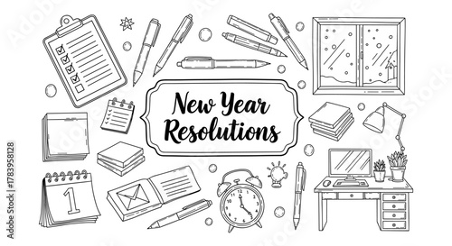 New year resolutions doodle set with office items and winter theme