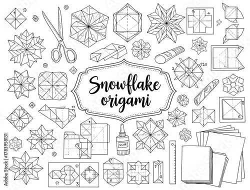 Snowflake origami instructions with tools and materials in line art style