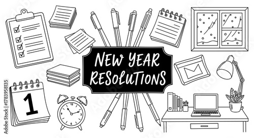 New year resolutions with office supplies and creative workspace in black and white