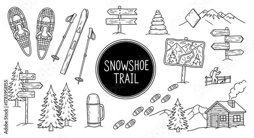 Winter adventure icons: snowshoeing, skiing, and trail signs in linear style