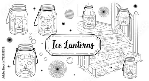 Hand drawn mason jar lanterns on snowy porch with candles and winter patterns