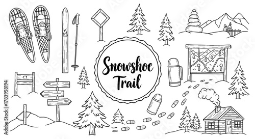 Winter adventure outline: snowshoe trail, ski gear, cozy cabin, and scenic landscapes