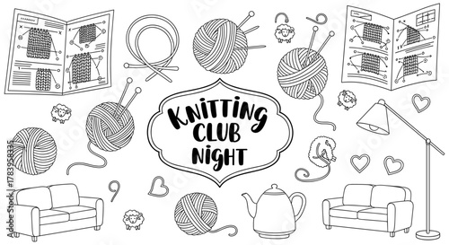 Cozy knitting night with yarn balls and patterns in black and white