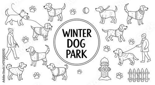 Winter dog park activities in black and white outline style