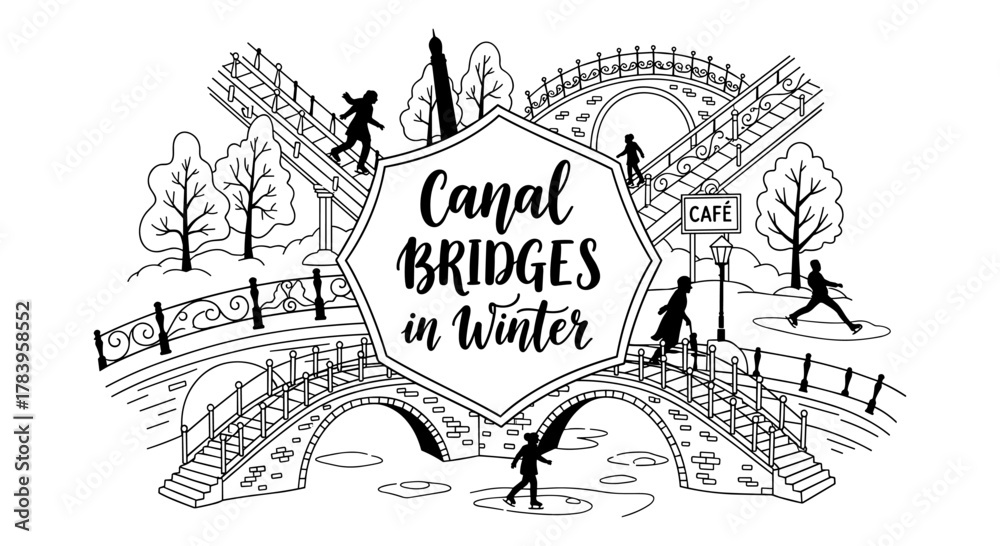 Fototapeta premium Winter canal bridges scene with people and snowy trees in black and white design