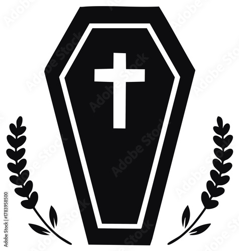 Stylized coffin with a Christian cross and laurel branches for a funeral service, in black and white