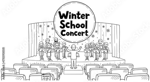 Winter school concert choir on stage in theater setting with students and conductor