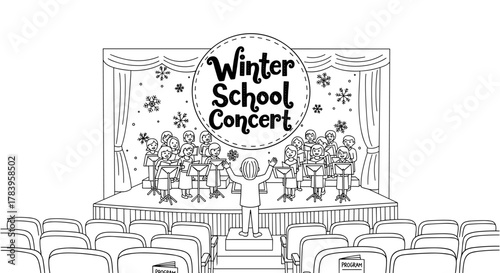 Winter school concert coloring page with student orchestra on stage